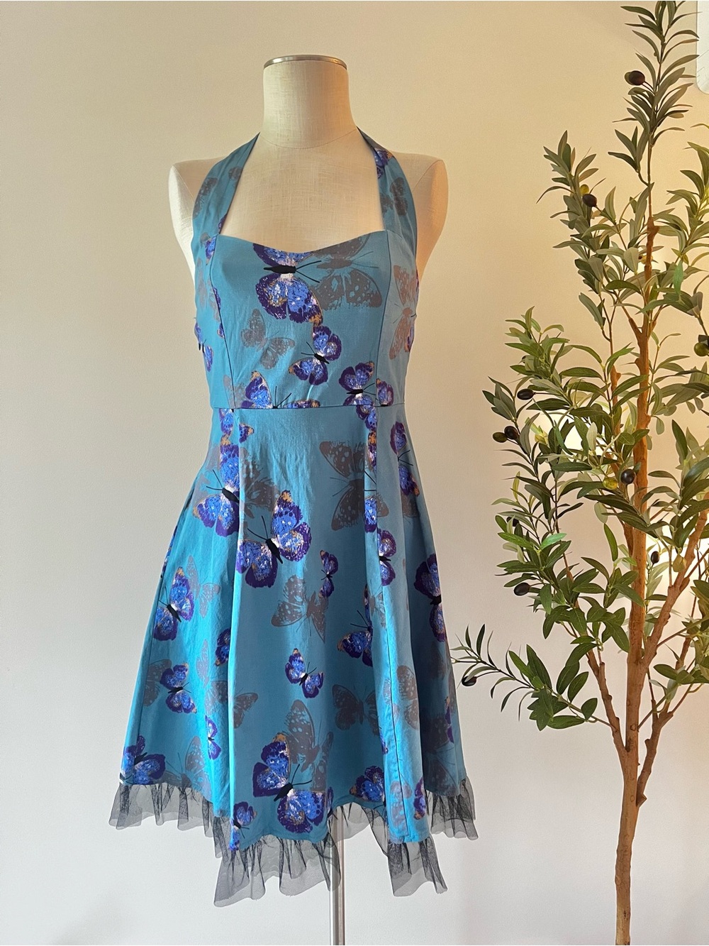 Whimsical teal Blue Butterfly Halter Dress with tulle ruffle